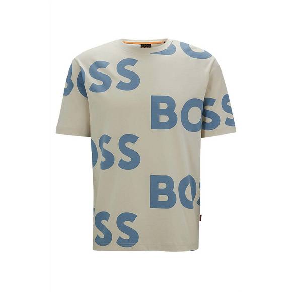 NEW HUGO BOSS all over logo sort sleeve crew neck cotton t-shirt in almond beige - Picture 2 of 3